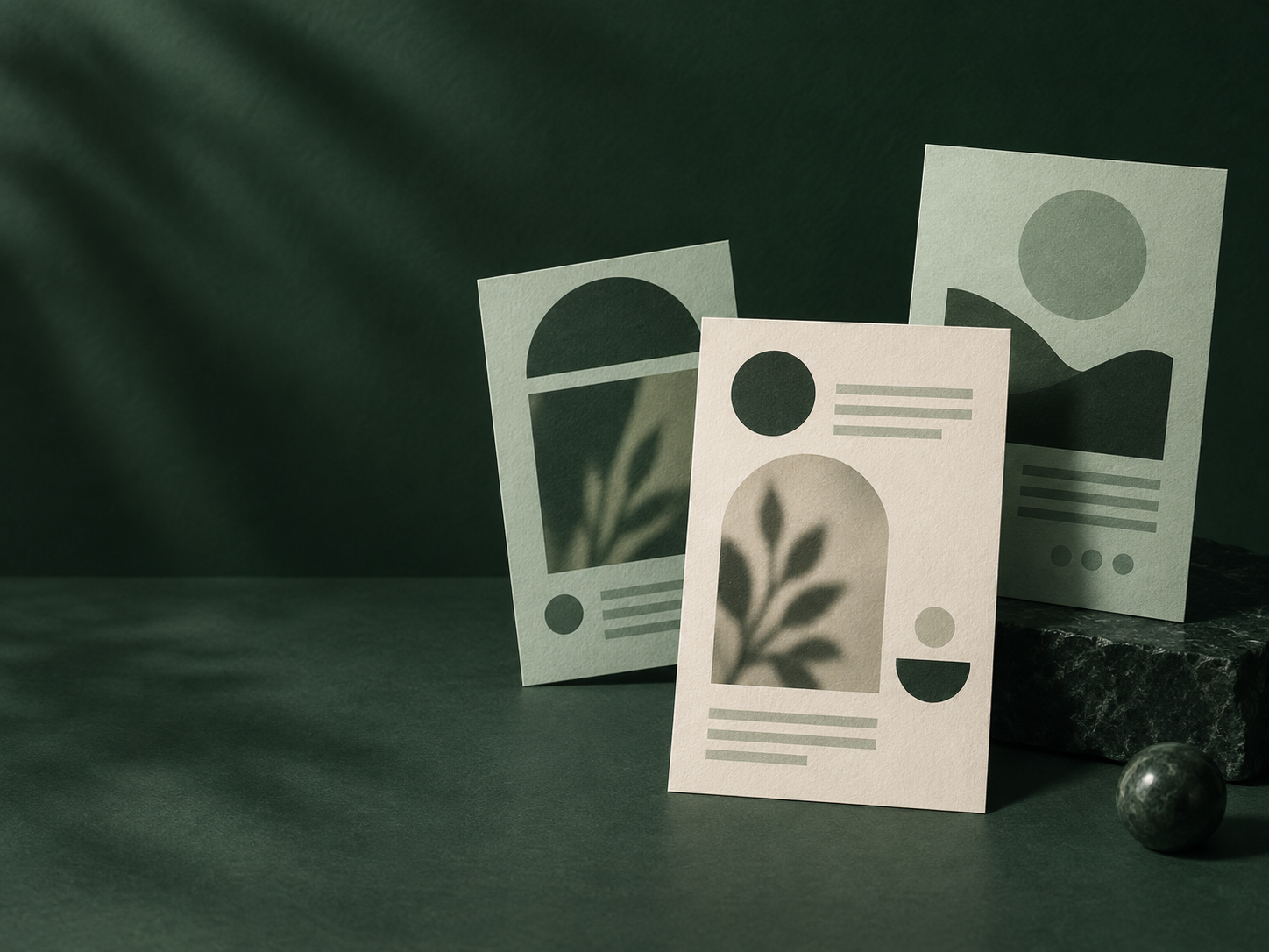 Abstract social content cards on a deep green desk
